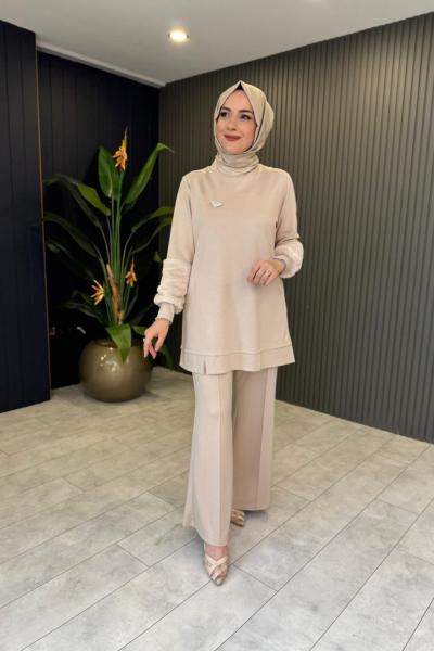 Orhan Kolları Kürk Detaylı Takım Bej  Bej
