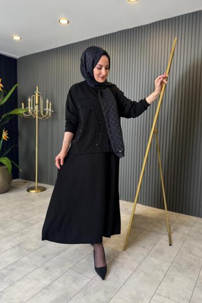 Oval Kesikli Taş İşlemeli Adel Etekli Takım Siyah