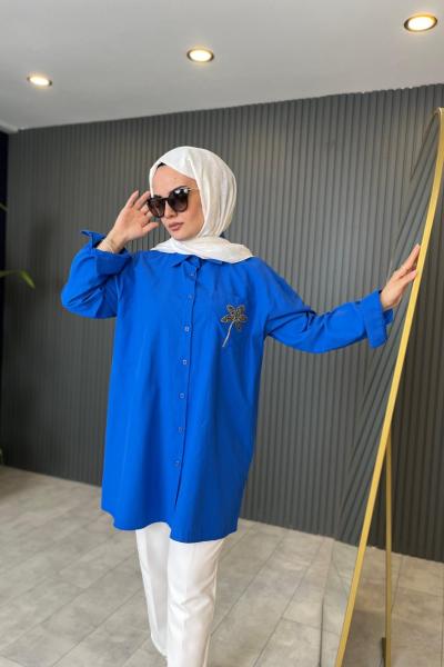 Palmiye İşlemeli Poplin Gömlek Saks Mavisi