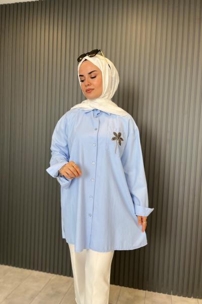 Palmiye İşlemeli Poplin Gömlek Bebe Mavisi