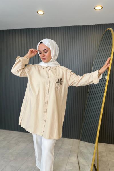 Palmiye İşlemeli Poplin Gömlek Bej