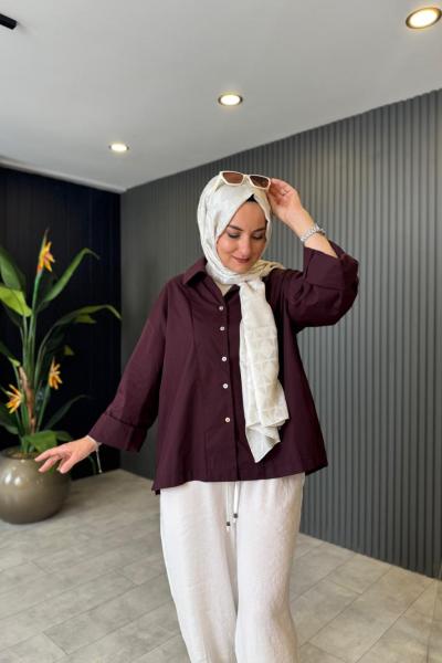 Pamuklu Poplin Gömlek Bordo