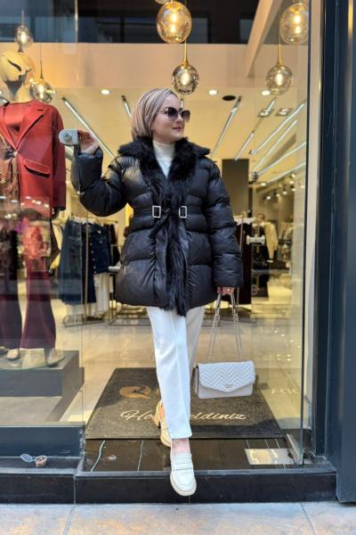 Peluş Detaylı Bel Bağlama Detaylı Şişme Mont Siyah