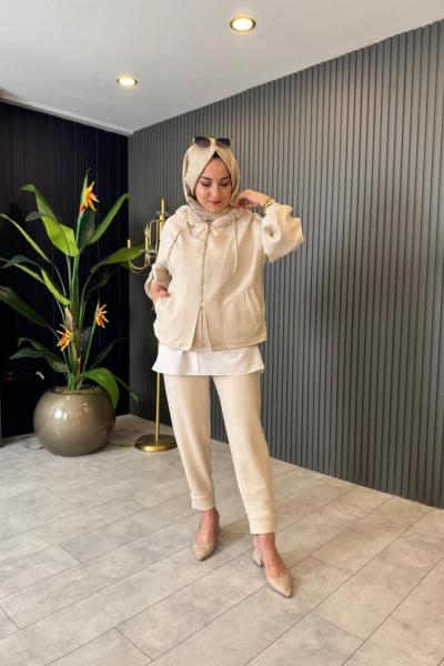 Peluş Kapşonlu İkili Takım Krem