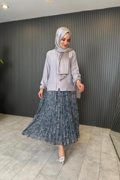 Plise Etekli Takım Gri