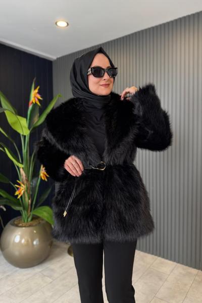 Premium Kürk Kemerli Kaban Siyah