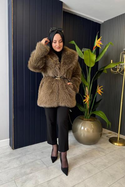 Premium Kürk Kemerli Kaban Kahve