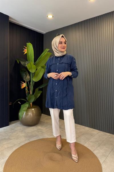 Püskllü Tencel Gömlek Lacivert