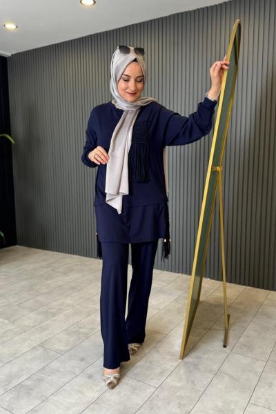 Püskül Detaylı Bambu Takım Lacivert