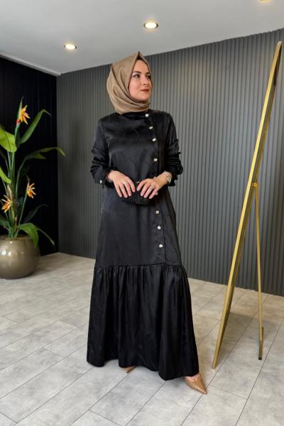 Sema Düğmeli Jakar Elbise Siyah