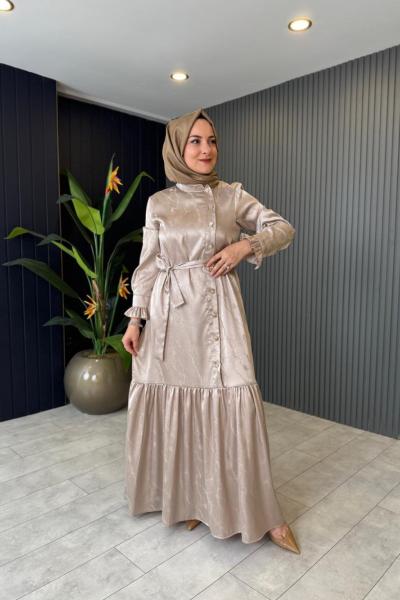 Sema Düğmeli Jakar Elbise Bej