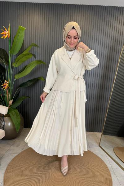 Şifon Karaşlı Ceketli Etekli Takım  Krem