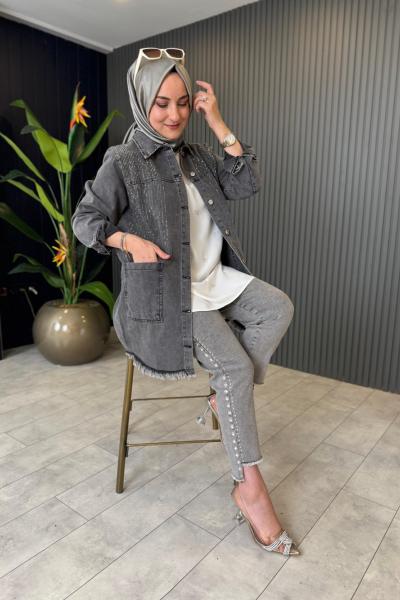 Taş Baskılı Kot Ceket Antrasit