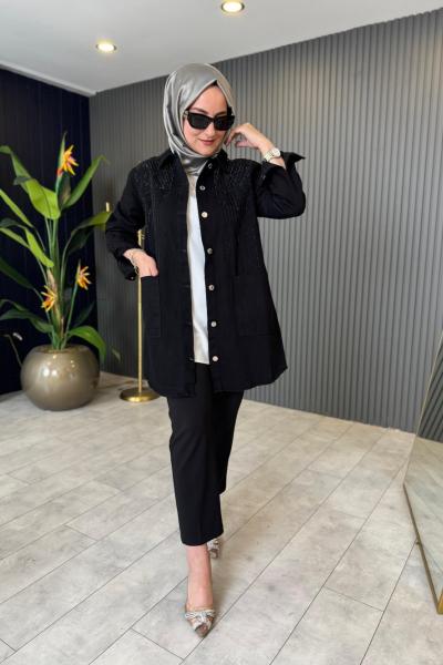 Taş Baskılı Kot Ceket Siyah