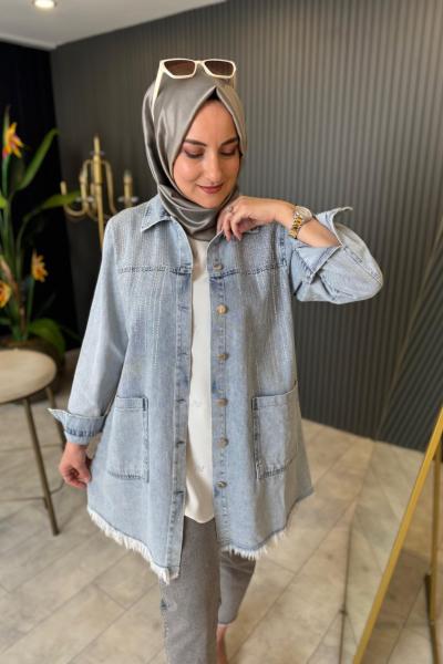 Taş Baskılı Kot Ceket Mavi