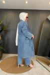 Taş Detaylı Tencel Takım Mavi