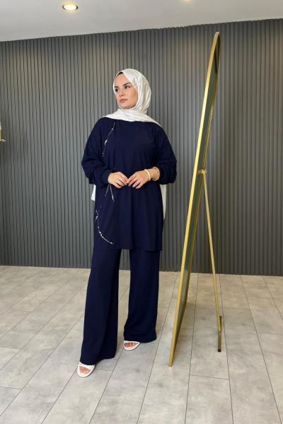 Taş Detaylı Bambu İkili Takım  Lacivert