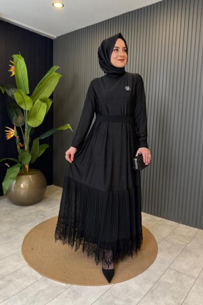 Taş İşlemeli Etek Ucu Katlı  Elbise Siyah