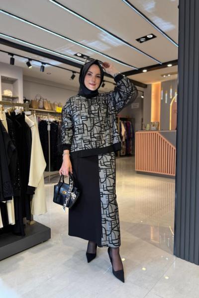 Tül Detay Baskılı Triko Etekli Takım Siyah