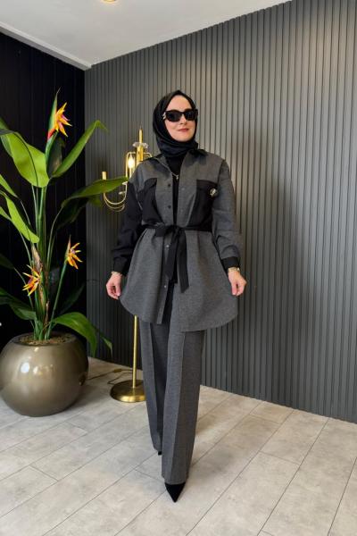 Tuniği Önden Çıt Çıtlı Cebi Aksesuar Detaylı Takım Gri