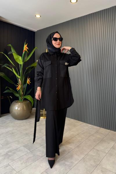 Tuniği Önden Çıt Çıtlı Cebi Aksesuar Detaylı Takım Siyah