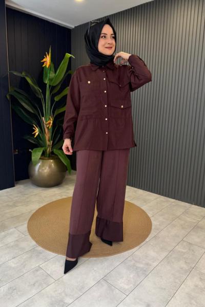 Üç Cepli Önden düğmeli Dubai Gömlek Takım Kızıl Kahve