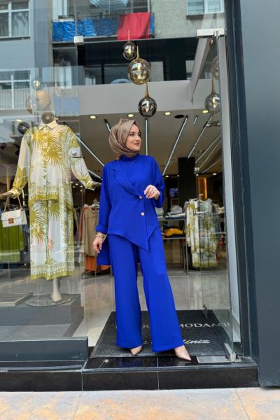 Üçlü Pantolonlu Takım  Saks Mavisi