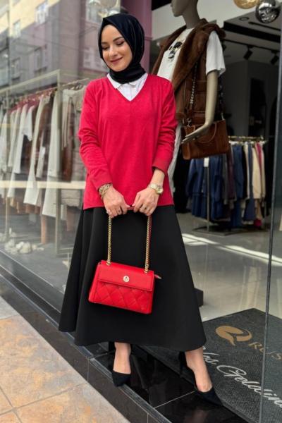V Yaka Basic Tunik Kırmızı