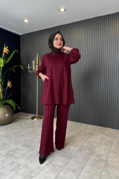Vildane Pantolonlu Rahat Takım Bordo