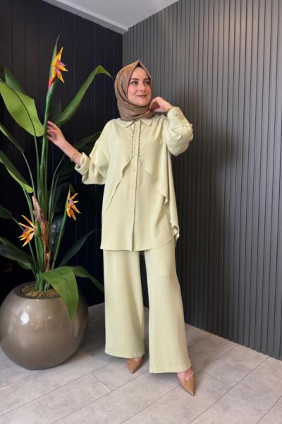 Volanlı Vien Pantolonlu Takım Çağla Yeşili