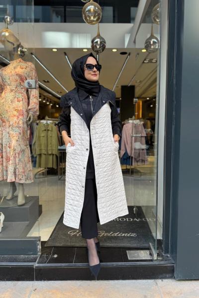 Yaka Detaylı Kuşaklı Yelek Siyah-Bej