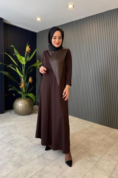 Yaka İşleme Detaylı Elbise Kahverengi