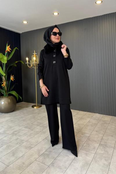 Yaka Kürk Detaylı Pantolonlu Takım Siyah