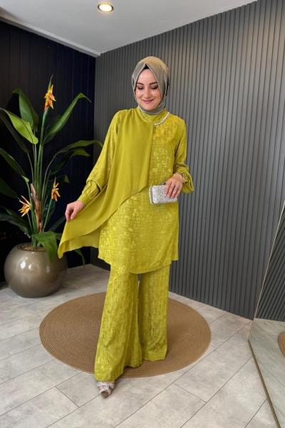 Yaka Taş Detaylı Jakarlı Pantolon Takım Asit