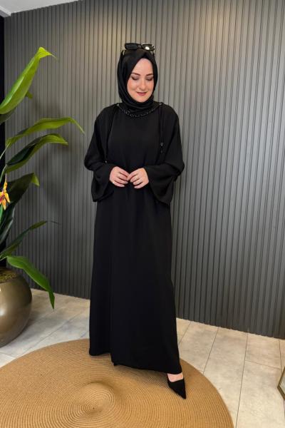 Yakası İnci Detaylı Vien Elbise Siyah