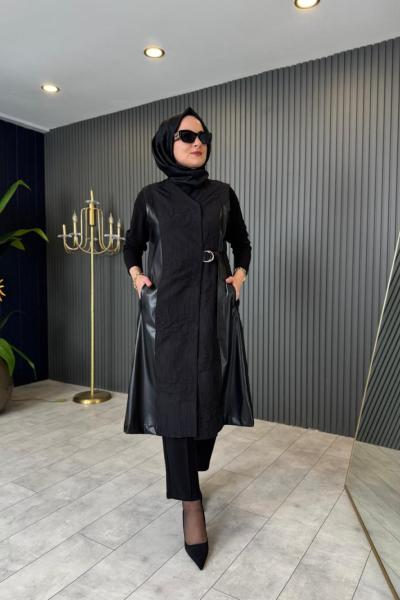 Yandan Bağlama ve Deri Detaylı Yelek Siyah