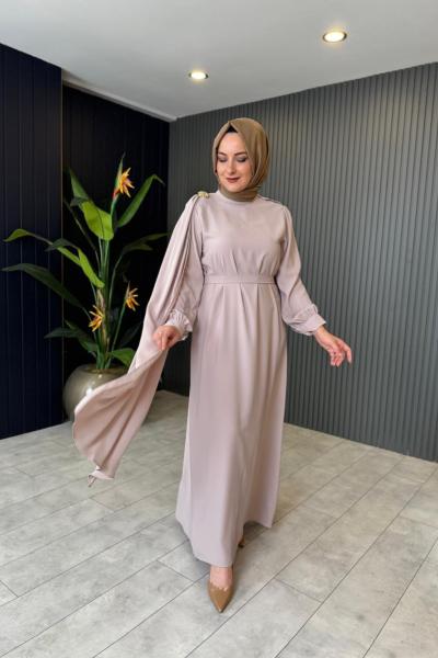 Yandan Pelerinli Şifon Elbise Bej