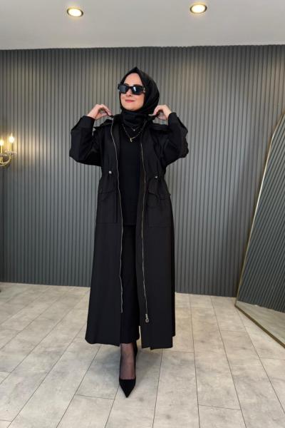 Yanları Çelik Garnili Belden Büzgülü Fermuarlı Dubai Kap Siyah