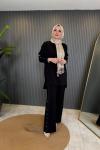 Yanları Zımba Taş Detaylı Bambu Pant. Takım Siyah