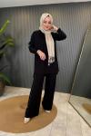 Yanları Zımba Taş Detaylı Bambu Pant. Takım Siyah