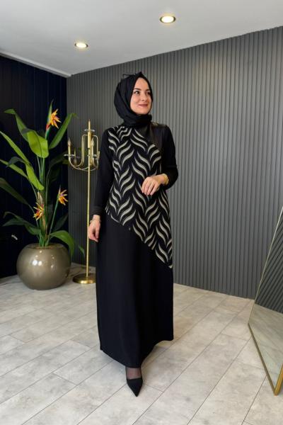 Yaprak Desenli Elbise Siyah