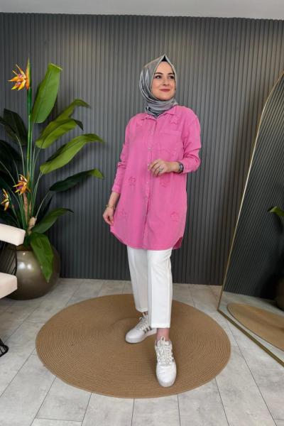 Yıldız İşlemeli Tencel Gömlek Pembe