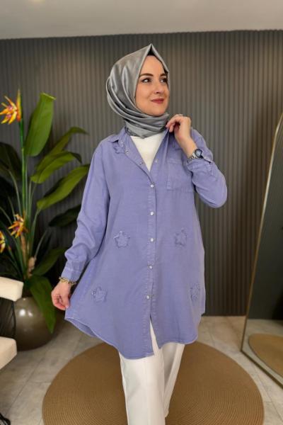 Yıldız İşlemeli Tencel Gömlek Lila