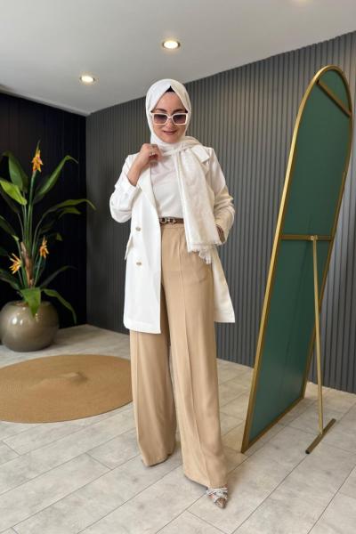 Yüksek Bel Kemerli Pantolon Bej