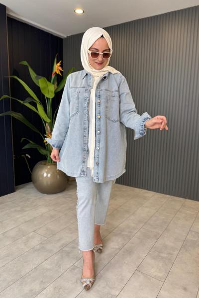 Zımba Baskılı Kot Ceket Mavi