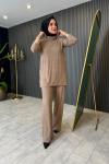 Balıkçı Yaka Kristal Detaylı Triko Takım Camel