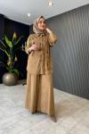 Lase Nakışlı Nubuk Pantolonlu Takım Camel