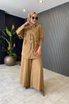 Lase Nakışlı Nubuk Pantolonlu Takım Camel