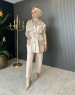 Angora Detaylı Yelekli Takım Bej