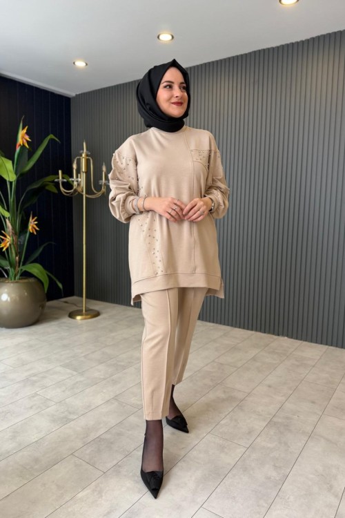 Taş Detaylı Pantolon Takım Bej